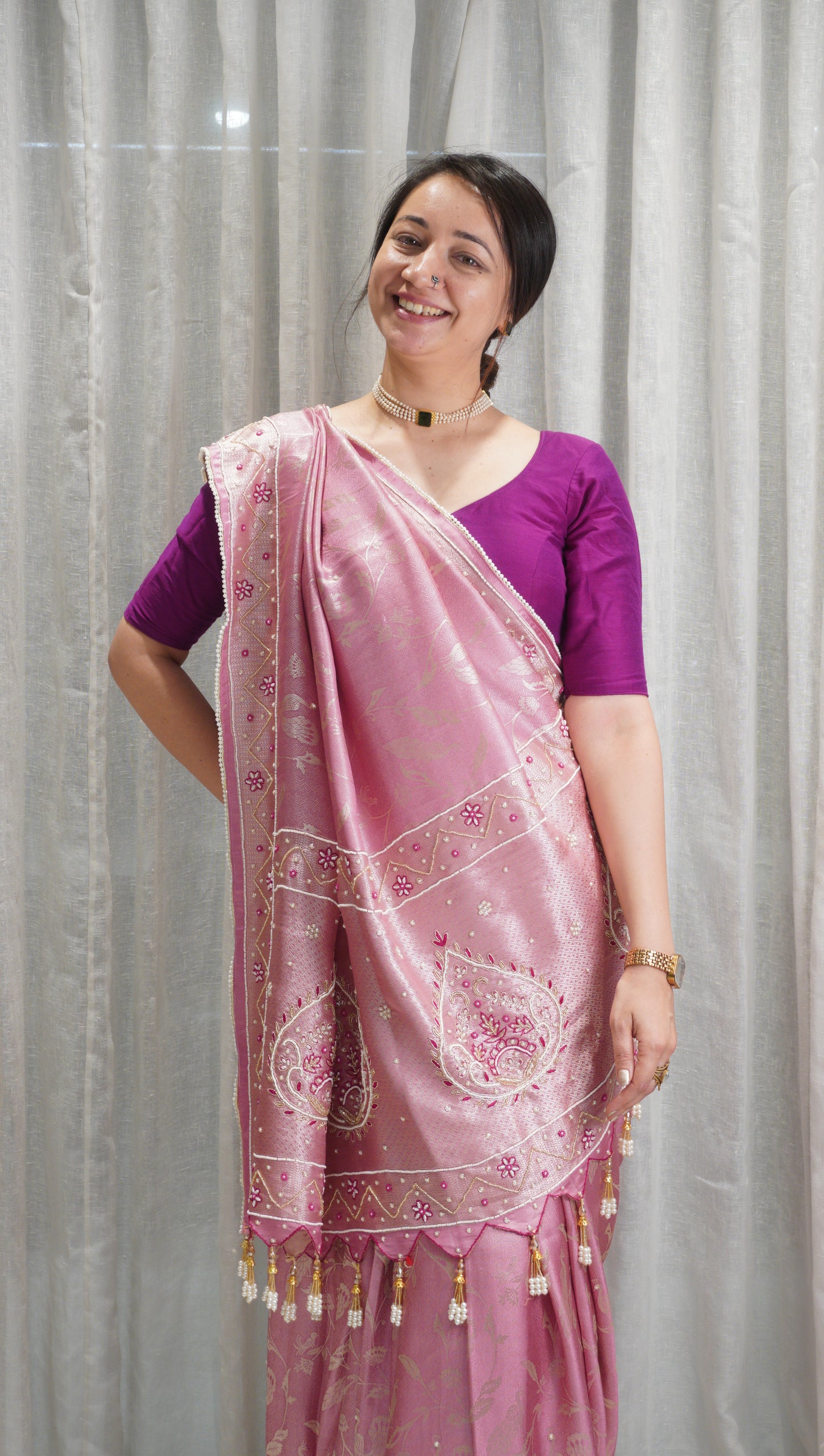 Blush Elegance Crepe Tissue Saree with Pearl Work & Tassels