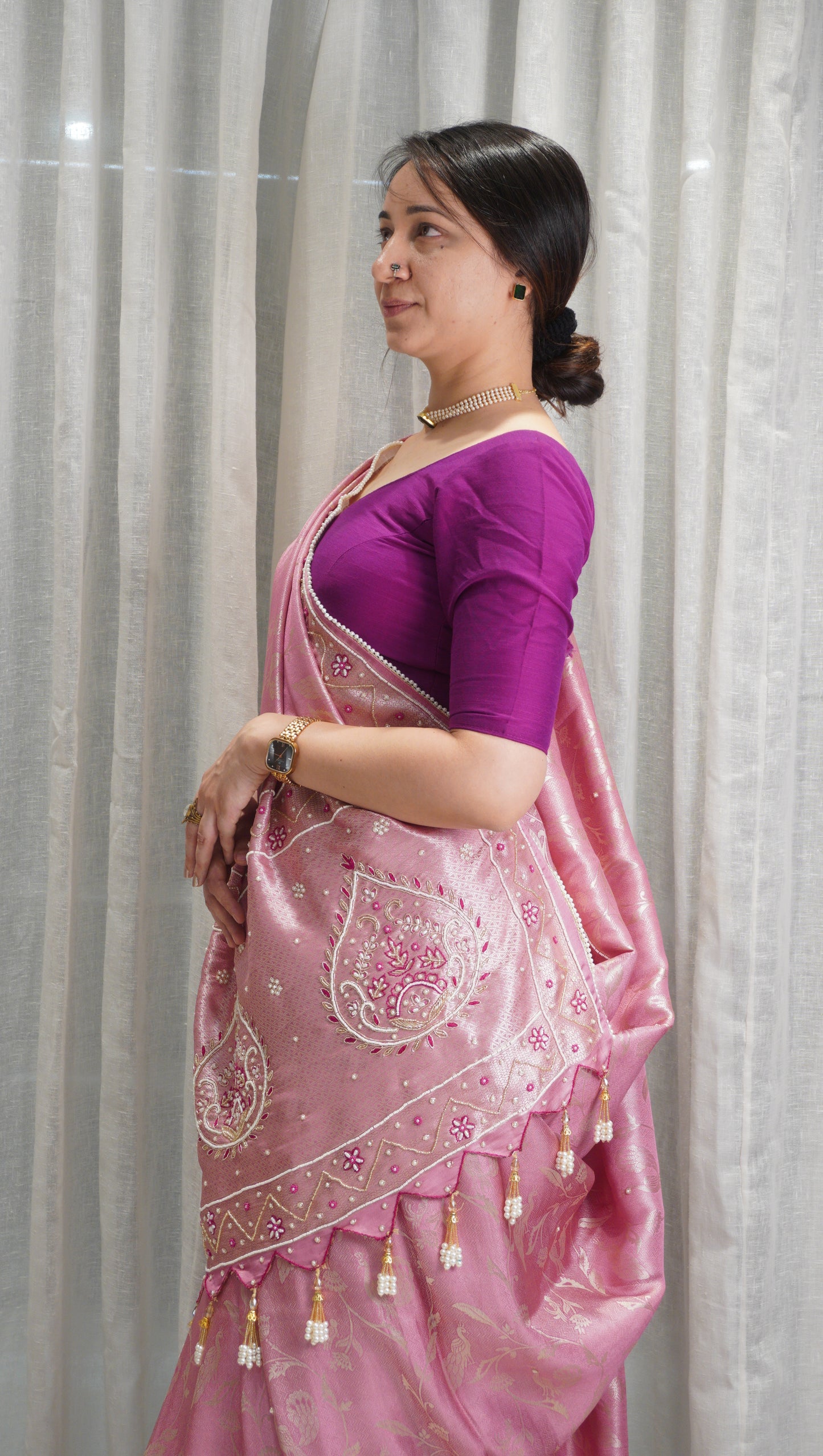 Blush Elegance Crepe Tissue Saree with Pearl Work & Tassels
