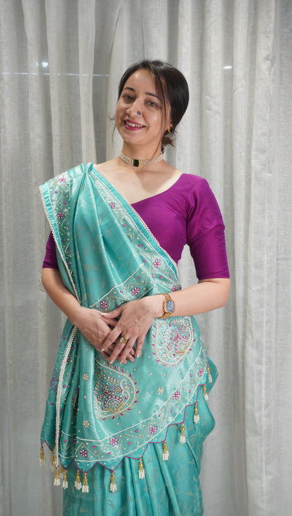 Sea Green Grace Crepe Tissue Saree with Pearl Work & Tassels