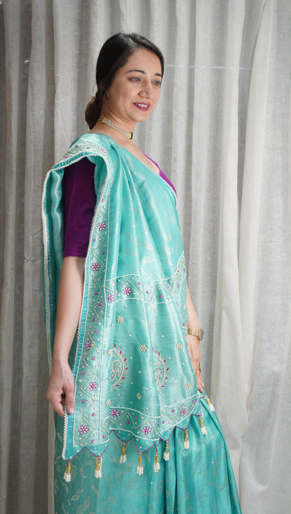 Sea Green Grace Crepe Tissue Saree with Pearl Work & Tassels