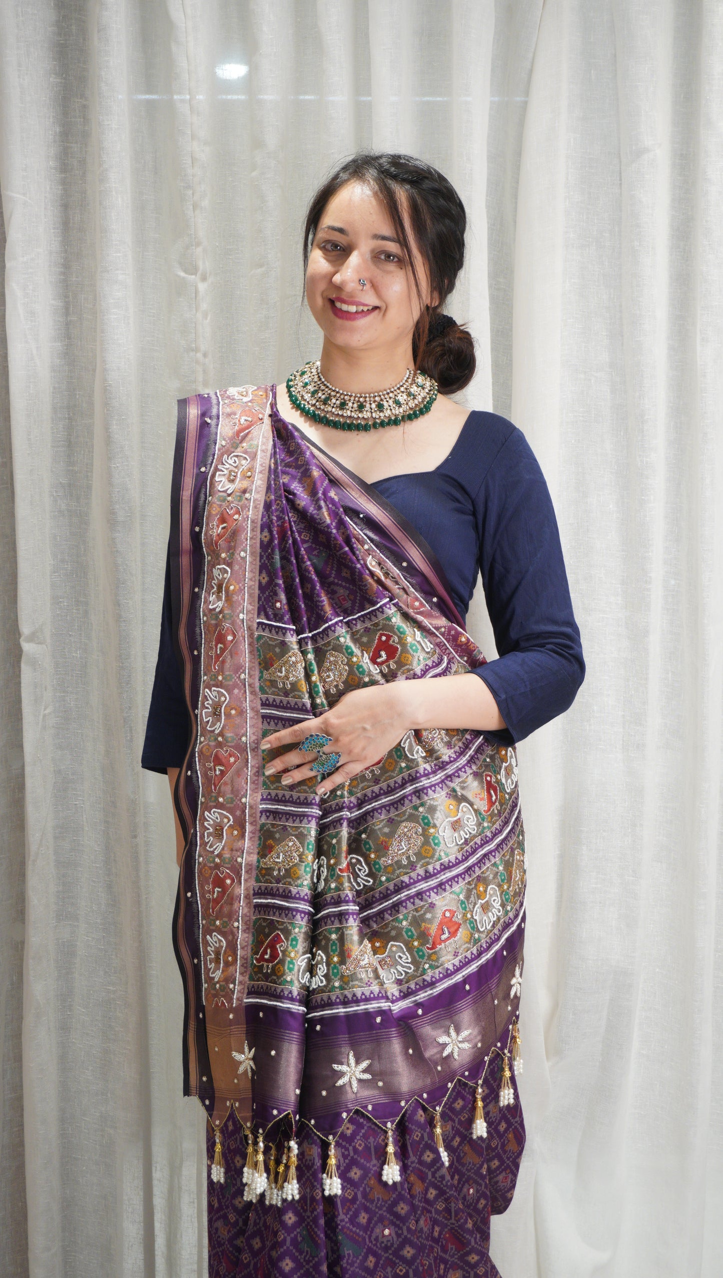 Royal Purple Patola Art Silk Saree with Pearl Work & Tassels
