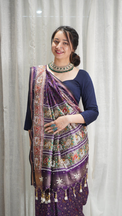 Royal Purple Patola Art Silk Saree with Pearl Work & Tassels