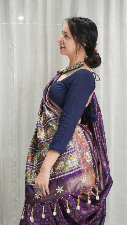 Royal Purple Patola Art Silk Saree with Pearl Work & Tassels