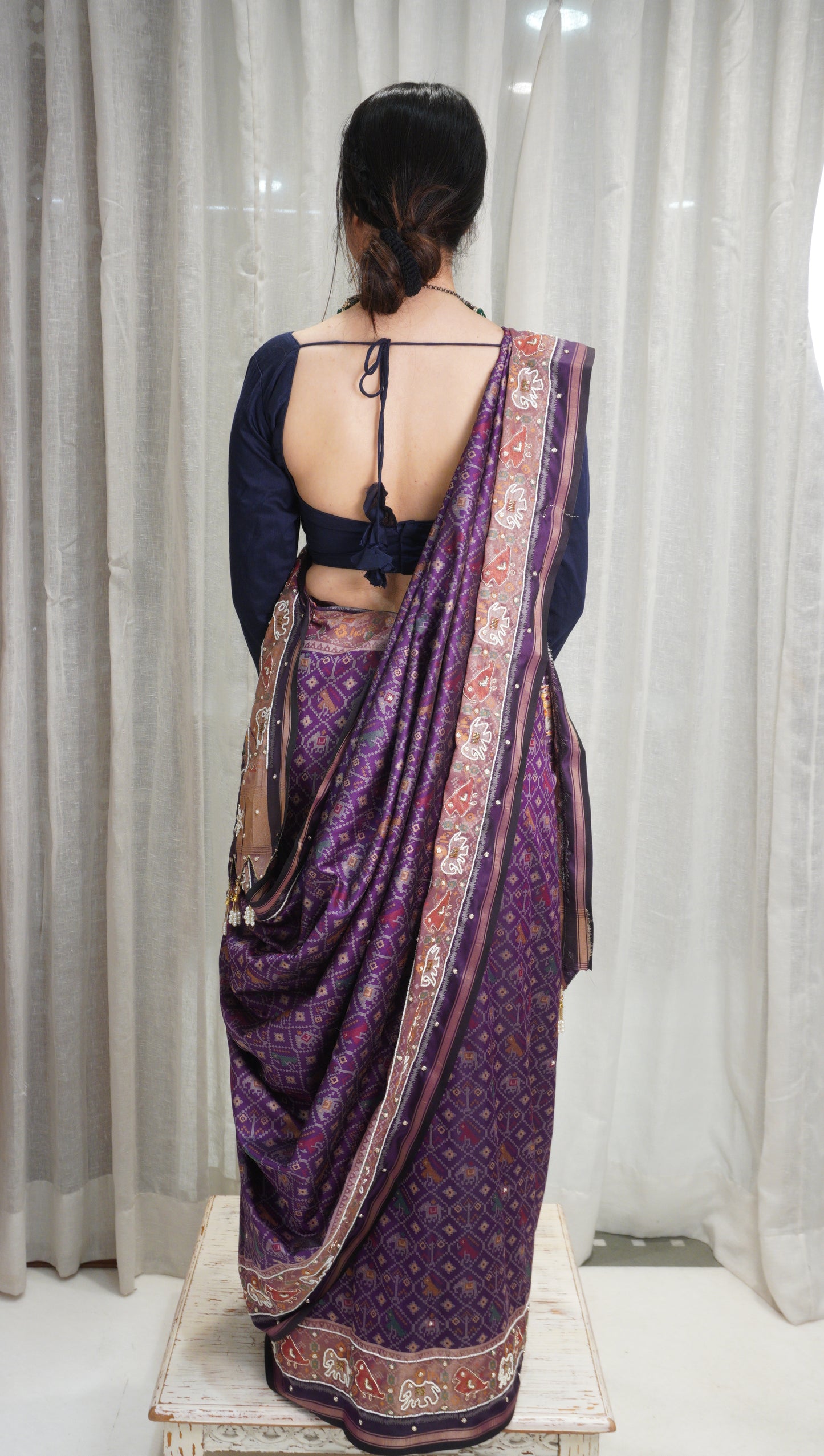 Royal Purple Patola Art Silk Saree with Pearl Work & Tassels