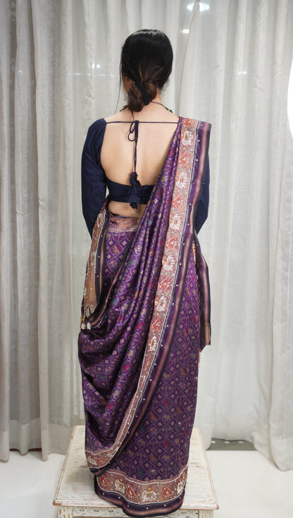 Royal Purple Patola Art Silk Saree with Pearl Work & Tassels