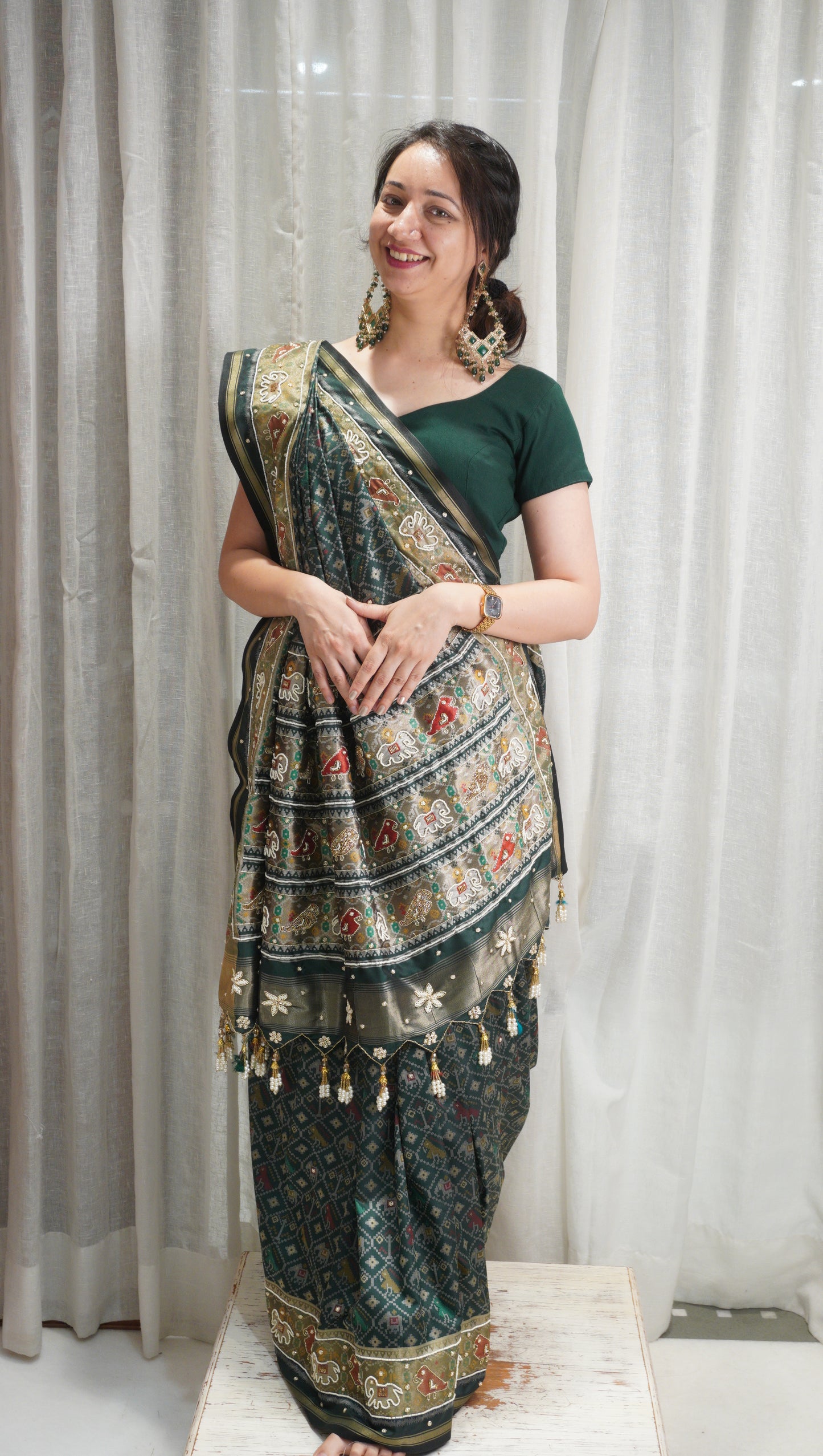 Emerald Heritage Patola Art Silk Saree with Pearl Work & Tassels