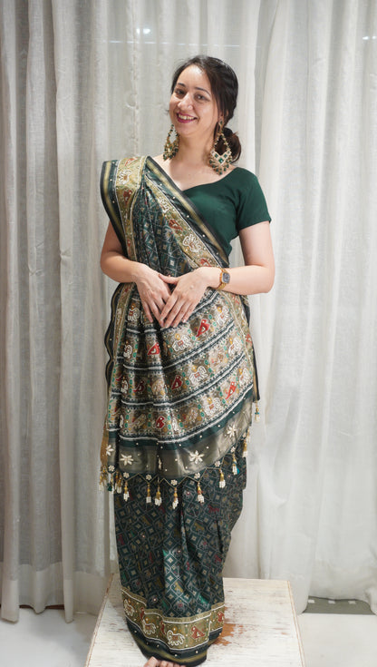 Emerald Heritage Patola Art Silk Saree with Pearl Work & Tassels