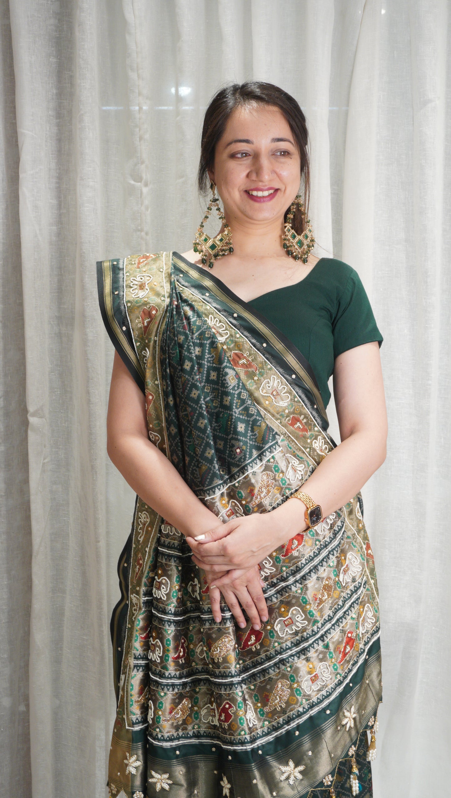 Emerald Heritage Patola Art Silk Saree with Pearl Work & Tassels