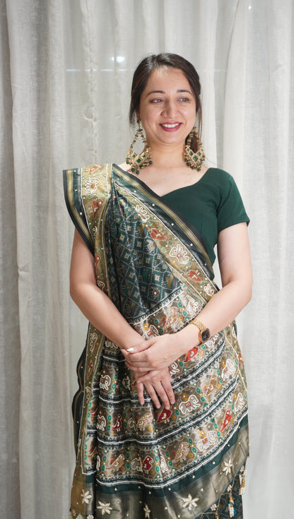 Emerald Heritage Patola Art Silk Saree with Pearl Work & Tassels