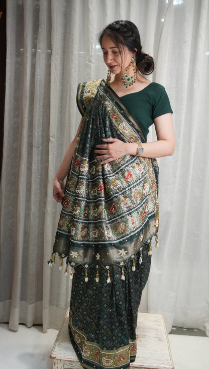 Emerald Heritage Patola Art Silk Saree with Pearl Work & Tassels