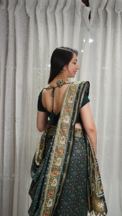 Emerald Heritage Patola Art Silk Saree with Pearl Work & Tassels