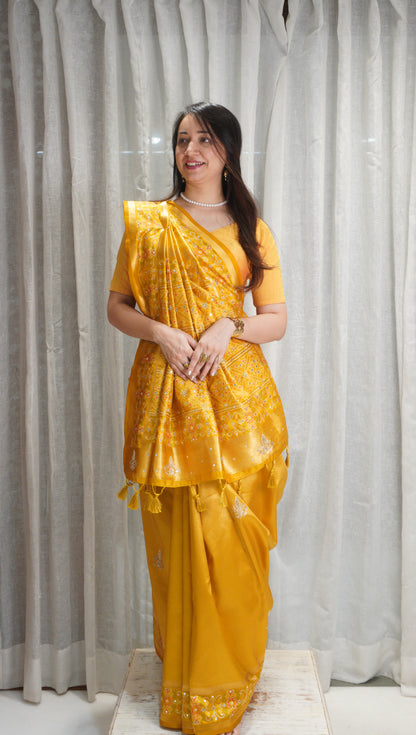 Sunshine Royal Tissue Silk Saree with Zardozi Work & Patola Border