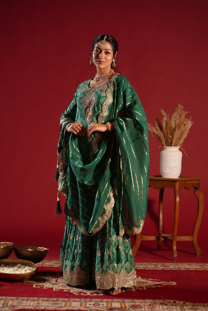 Emerald Green Embroidered Sharara Set