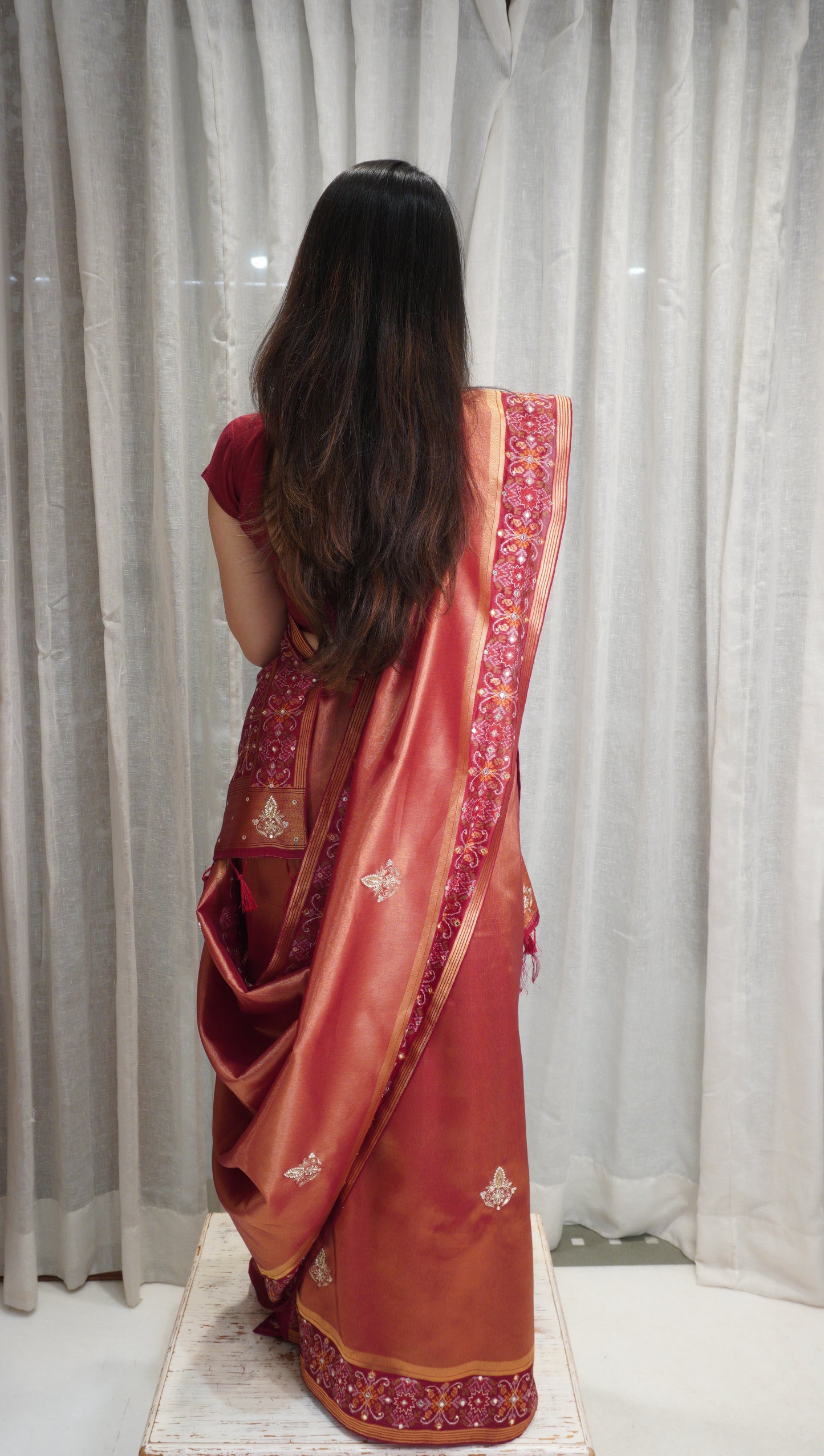 Rust Royal Tissue Silk Saree with Zardozi Work & Patola Border