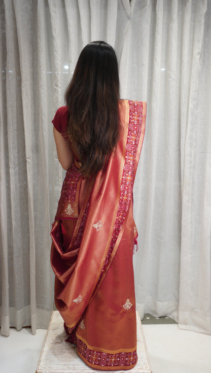 Rust Royal Tissue Silk Saree with Zardozi Work & Patola Border