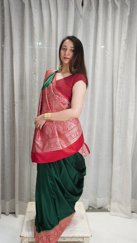 Royal Red Satin Silk Saree with Zari Border & Woven Pallu