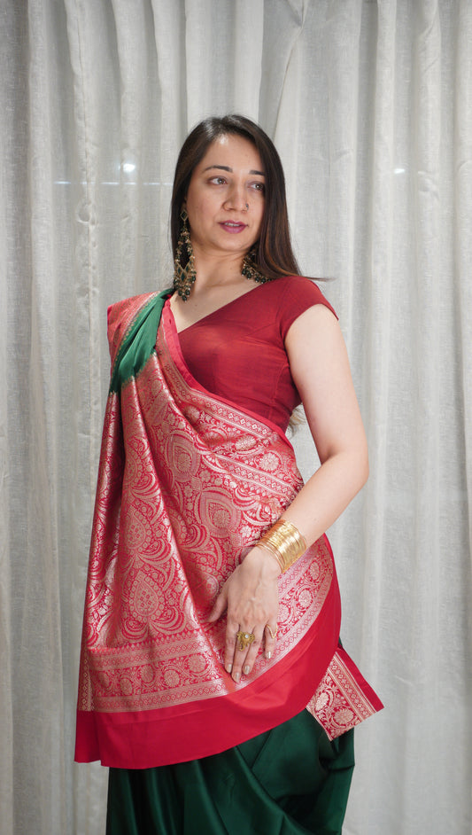 Royal Red Satin Silk Saree with Zari Border & Woven Pallu