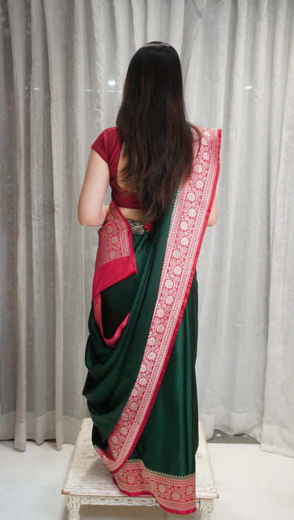 Royal Red Satin Silk Saree with Zari Border & Woven Pallu