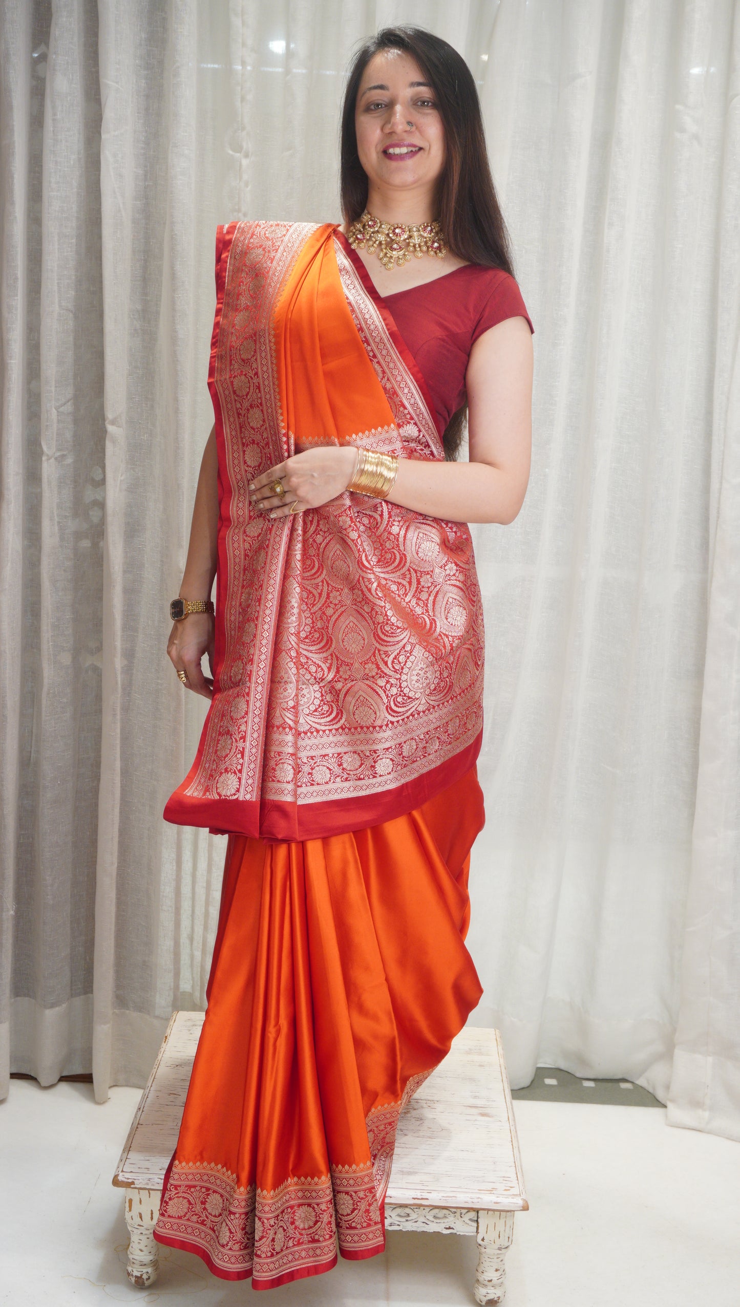 Sunset Glow Satin Silk Saree with Rich Zari Border