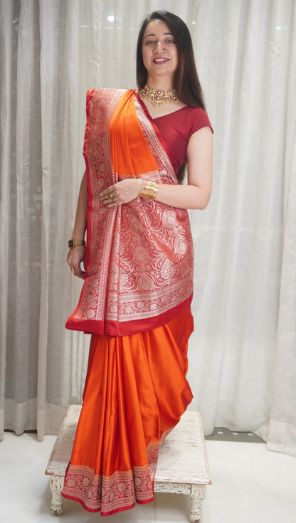 Sunset Glow Satin Silk Saree with Rich Zari Border