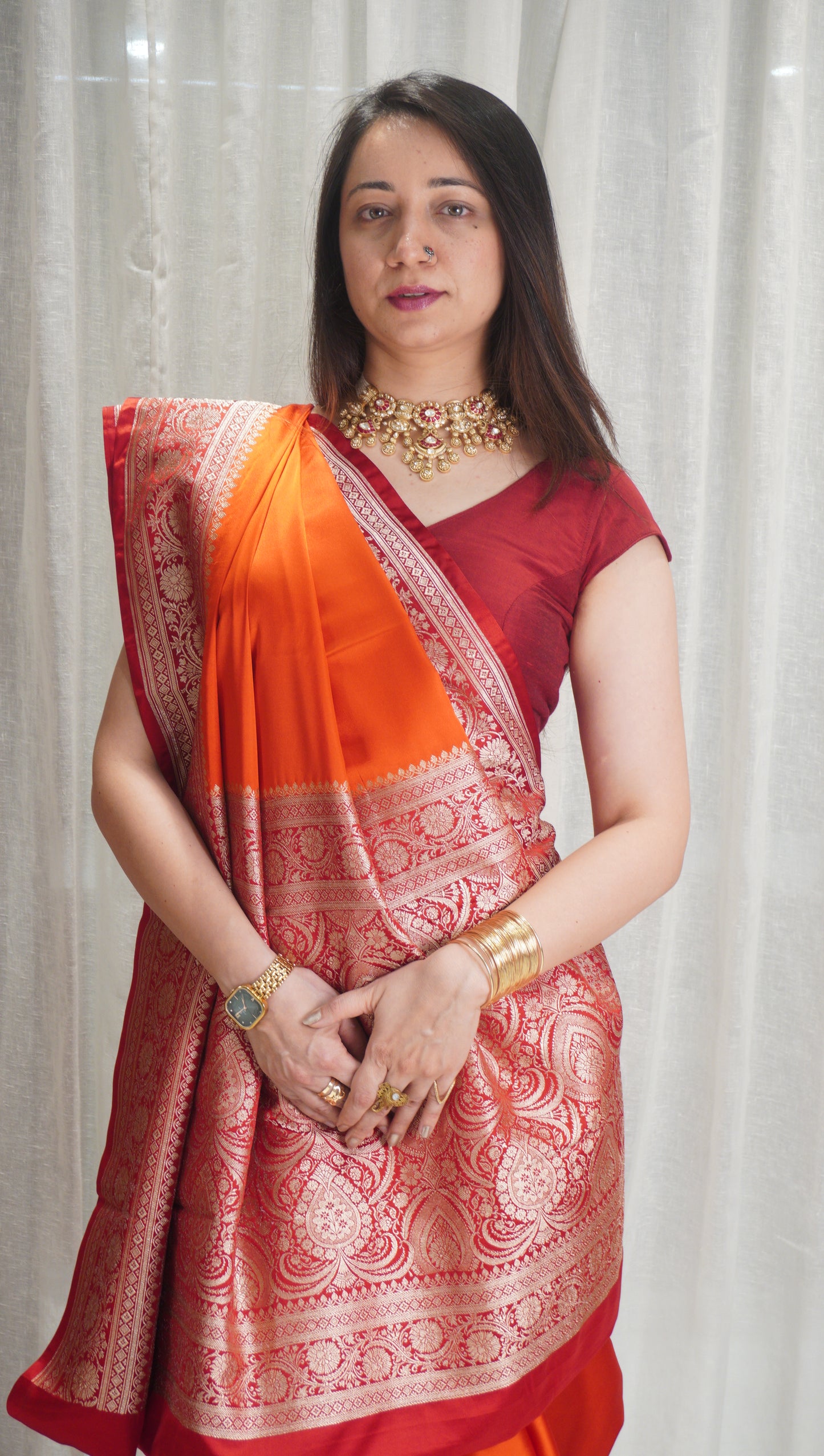 Sunset Glow Satin Silk Saree with Rich Zari Border