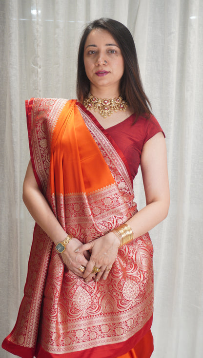 Sunset Glow Satin Silk Saree with Rich Zari Border