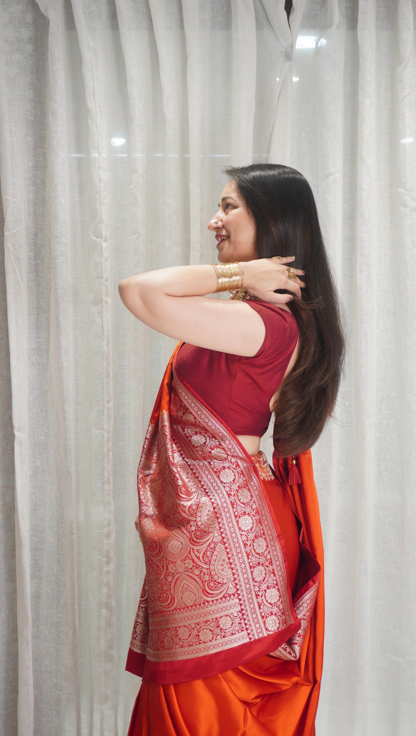 Sunset Glow Satin Silk Saree with Rich Zari Border