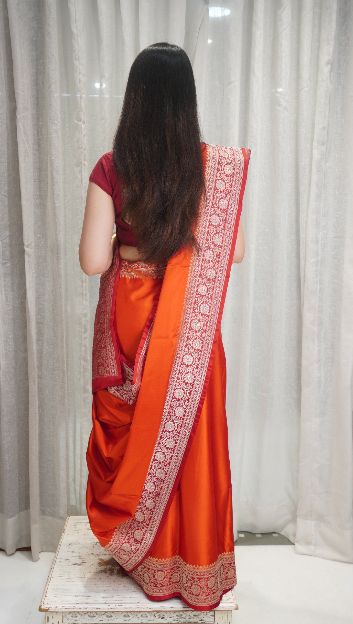 Sunset Glow Satin Silk Saree with Rich Zari Border