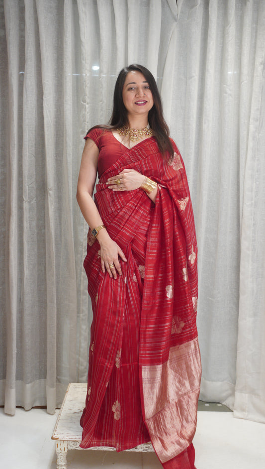 Crimson Bloom Tissue Silk Saree with Floral Print