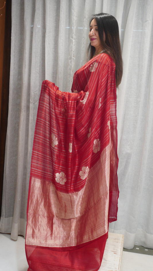 Crimson Bloom Tissue Silk Saree with Floral Print