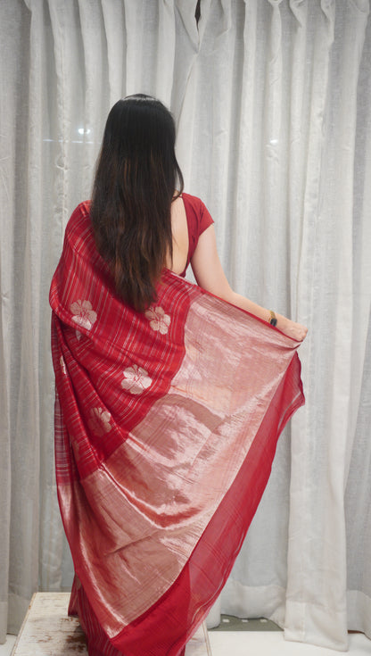 Crimson Bloom Tissue Silk Saree with Floral Print