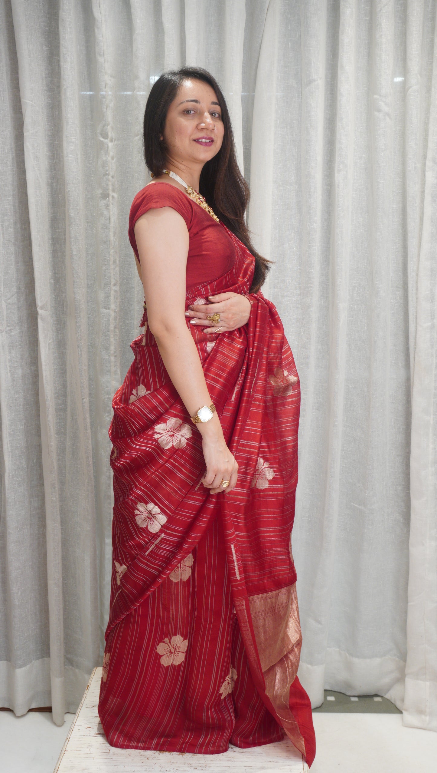 Crimson Bloom Tissue Silk Saree with Floral Print