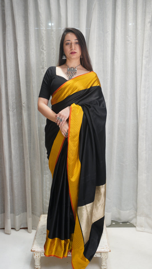Black & Mustard Raw Mango Silk Saree with Zari Border
