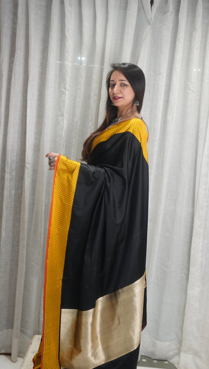 Black & Mustard Raw Mango Silk Saree with Zari Border