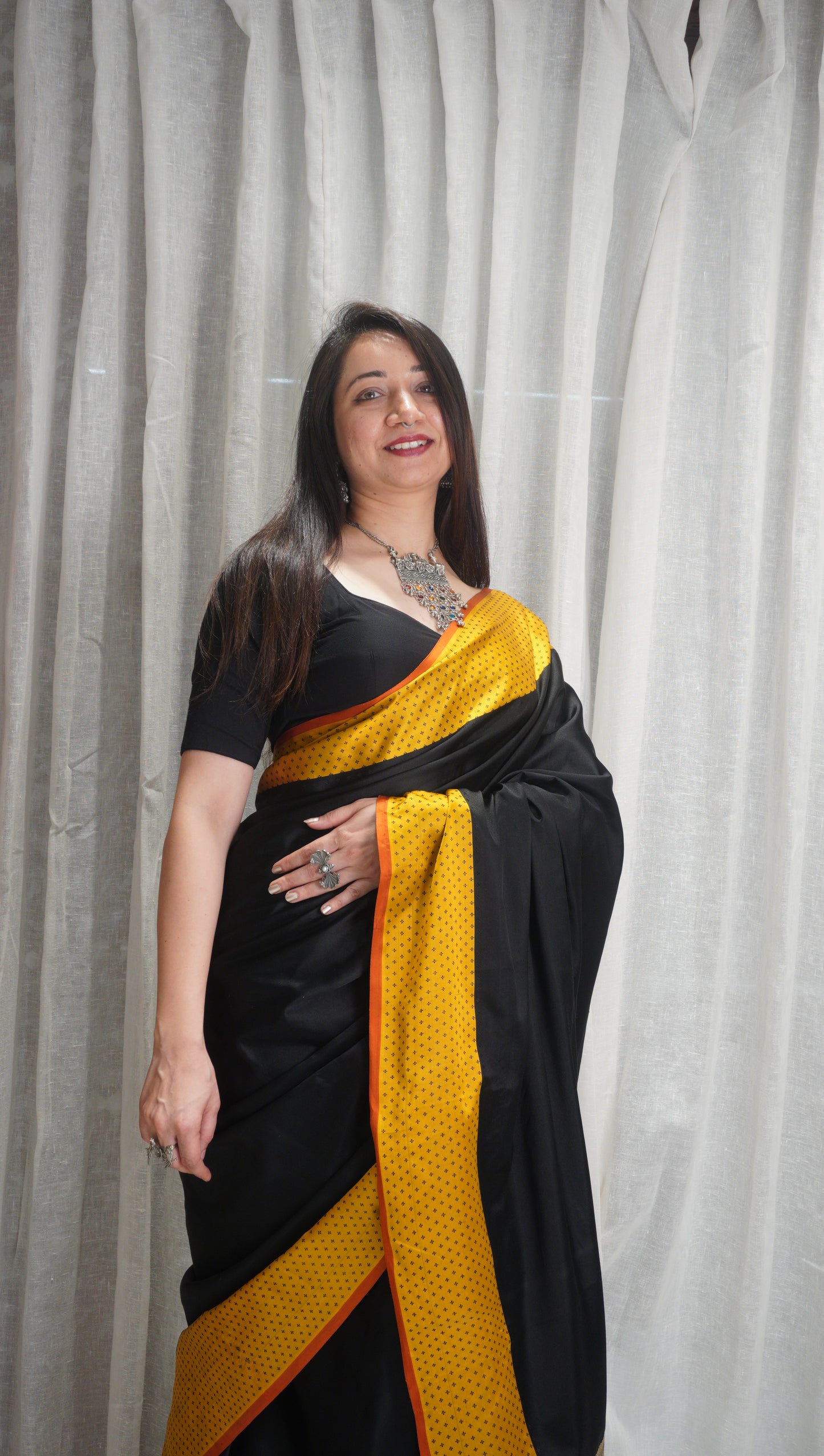 Black & Mustard Raw Mango Silk Saree with Zari Border