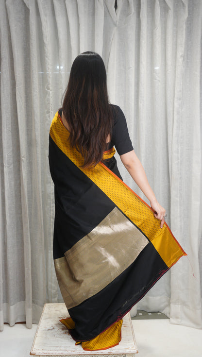 Black & Mustard Raw Mango Silk Saree with Zari Border