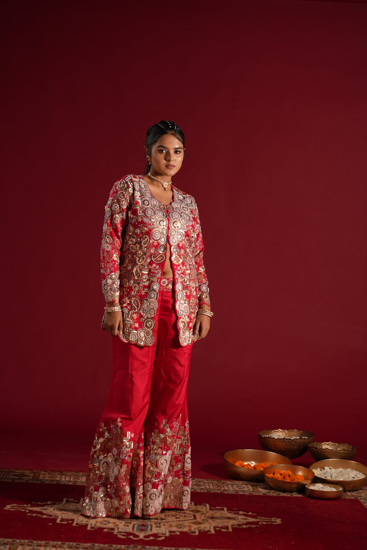 Red Embroidered Indo-Western Palazzo Set