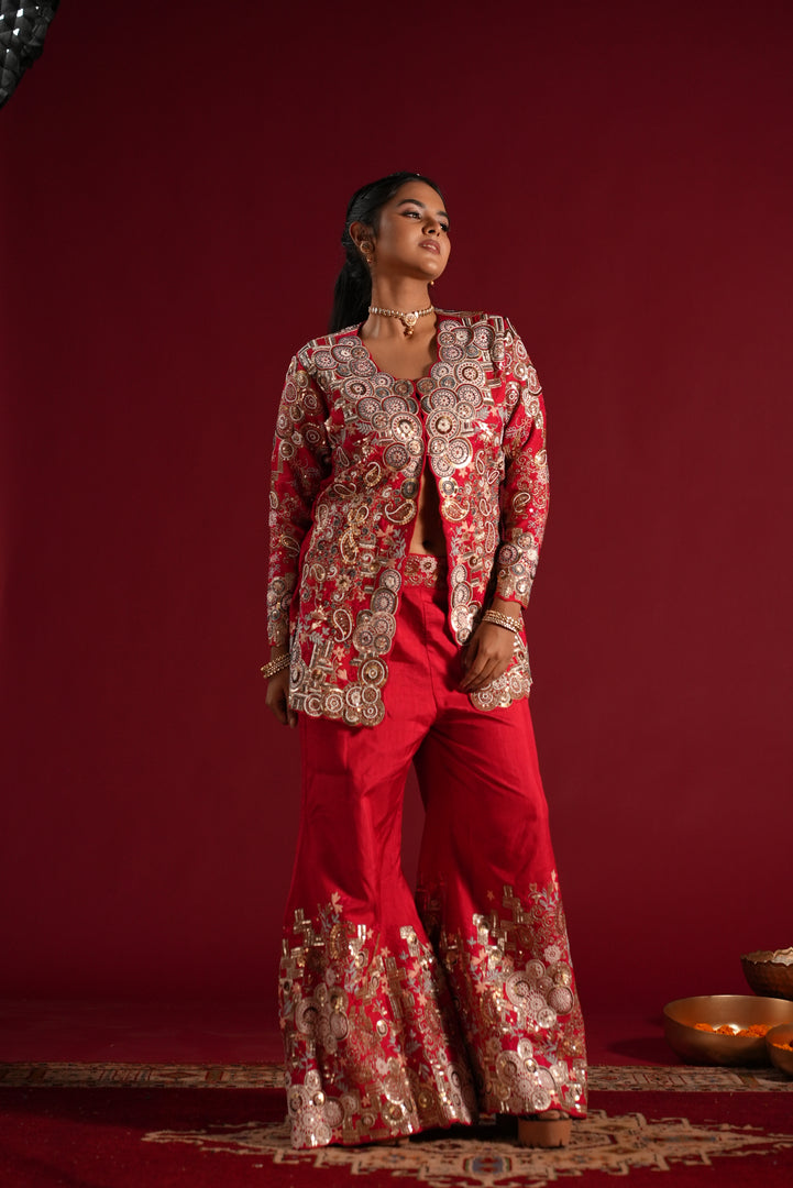 Red Embroidered Indo-Western Palazzo Set