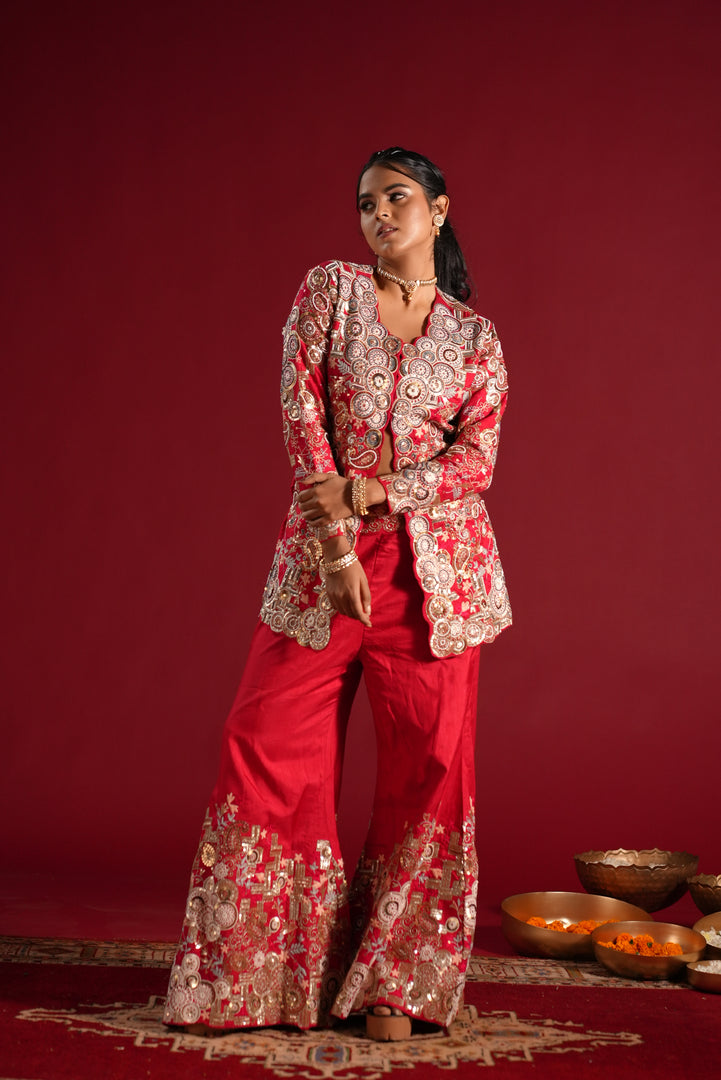 Red Embroidered Indo-Western Palazzo Set