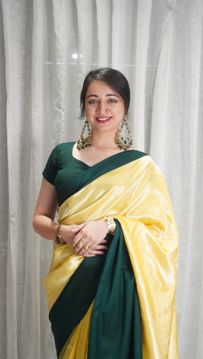 Sunshine Yellow & Emerald Raw Mango Silk Saree with Contrast Border