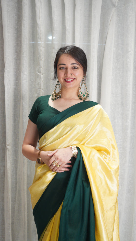 Sunshine Yellow & Emerald Raw Mango Silk Saree with Contrast Border