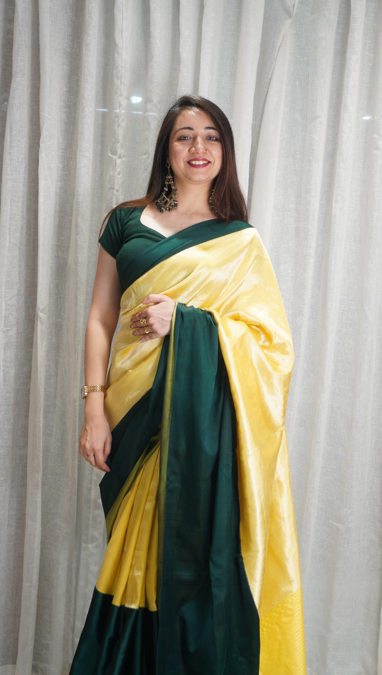Sunshine Yellow & Emerald Raw Mango Silk Saree with Contrast Border