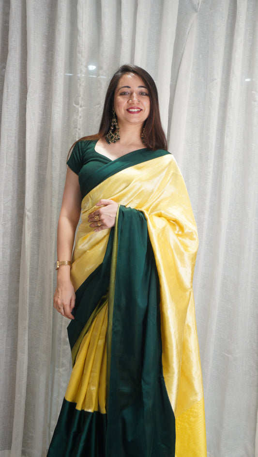 Sunshine Yellow & Emerald Raw Mango Silk Saree with Contrast Border