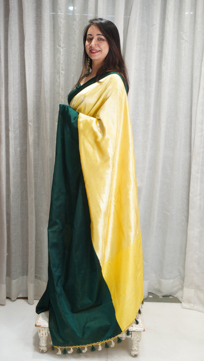 Sunshine Yellow & Emerald Raw Mango Silk Saree with Contrast Border