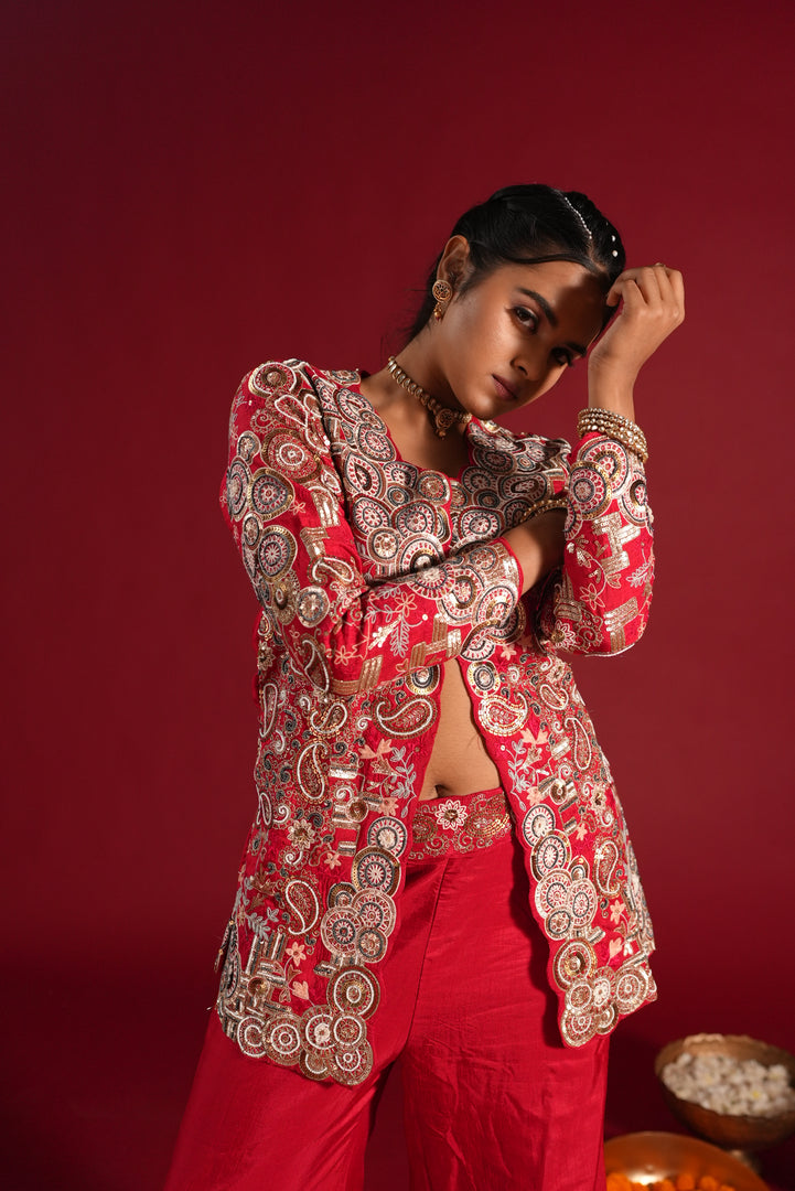 Red Embroidered Indo-Western Palazzo Set