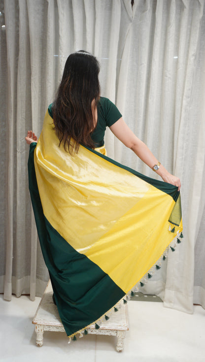 Sunshine Yellow & Emerald Raw Mango Silk Saree with Contrast Border