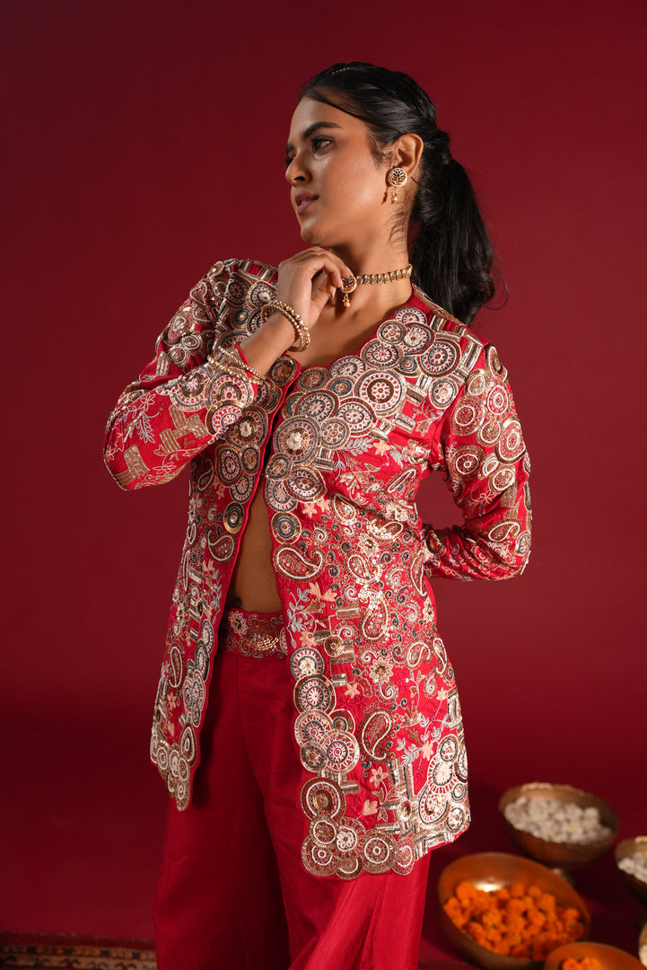 Red Embroidered Indo-Western Palazzo Set