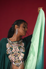 Load image into Gallery viewer, Emerald Green Cape Dress Set
