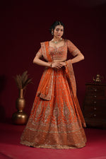 Load image into Gallery viewer, Orange Bridal Zari Embroidered Lehenga Set
