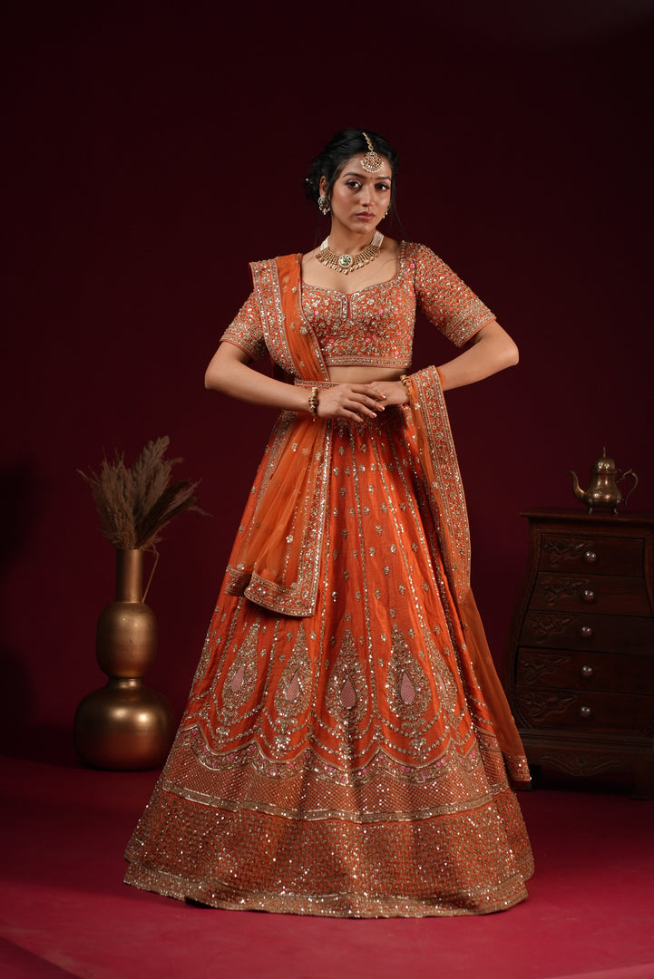 Orange Bridal Zari Embroidered Lehenga Set